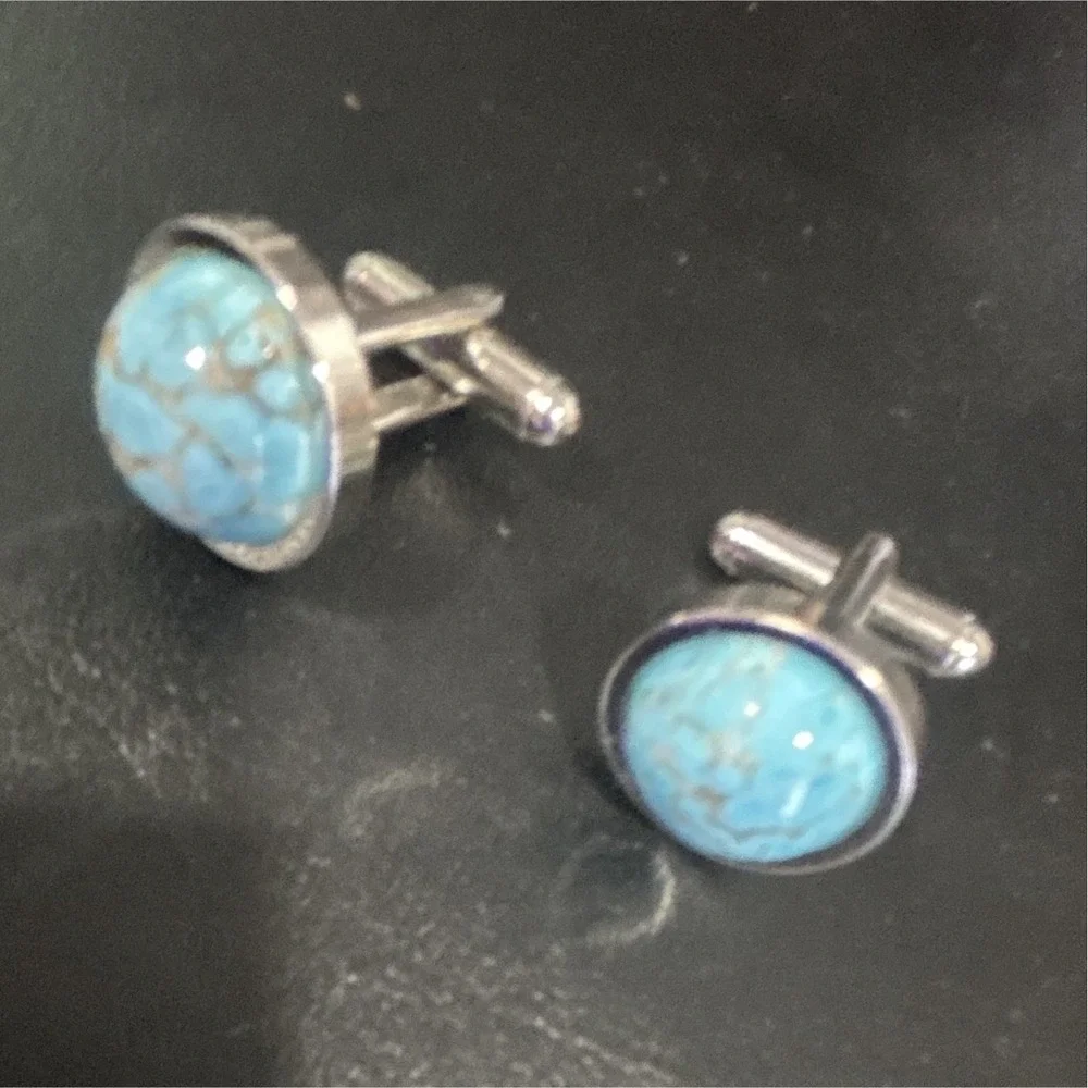 Men's Silver Cufflinks Round Blue Turquoise Stone Bullet Back Pair